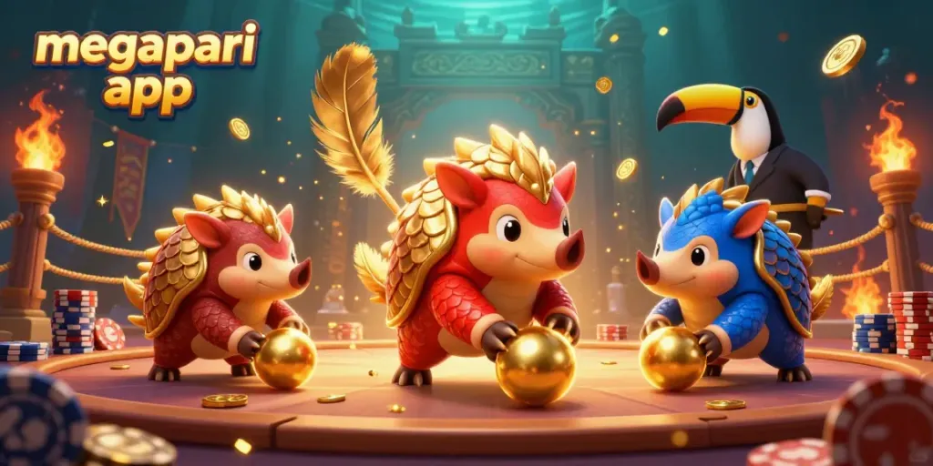 Disfruta de las apuestas con la app megapari app, donde pangolines compiten en un colorido ambiente de casino.