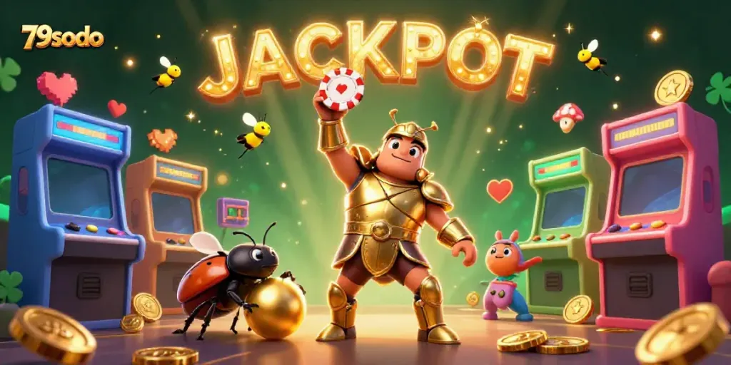 Join the excitement at 79sodo with this vibrant, dynamic casino-themed illustration featuring a beetle in golden armor celebrating a win.