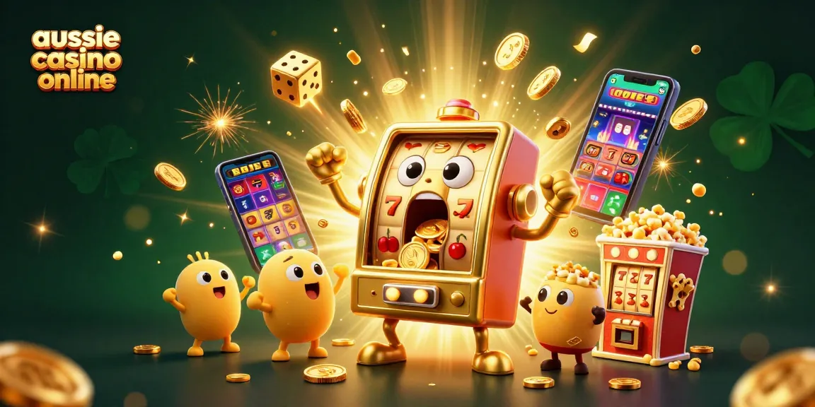 Aussie casino online slots celebrate a jackpot explosion with cheerful slot machines and golden coins raining down.