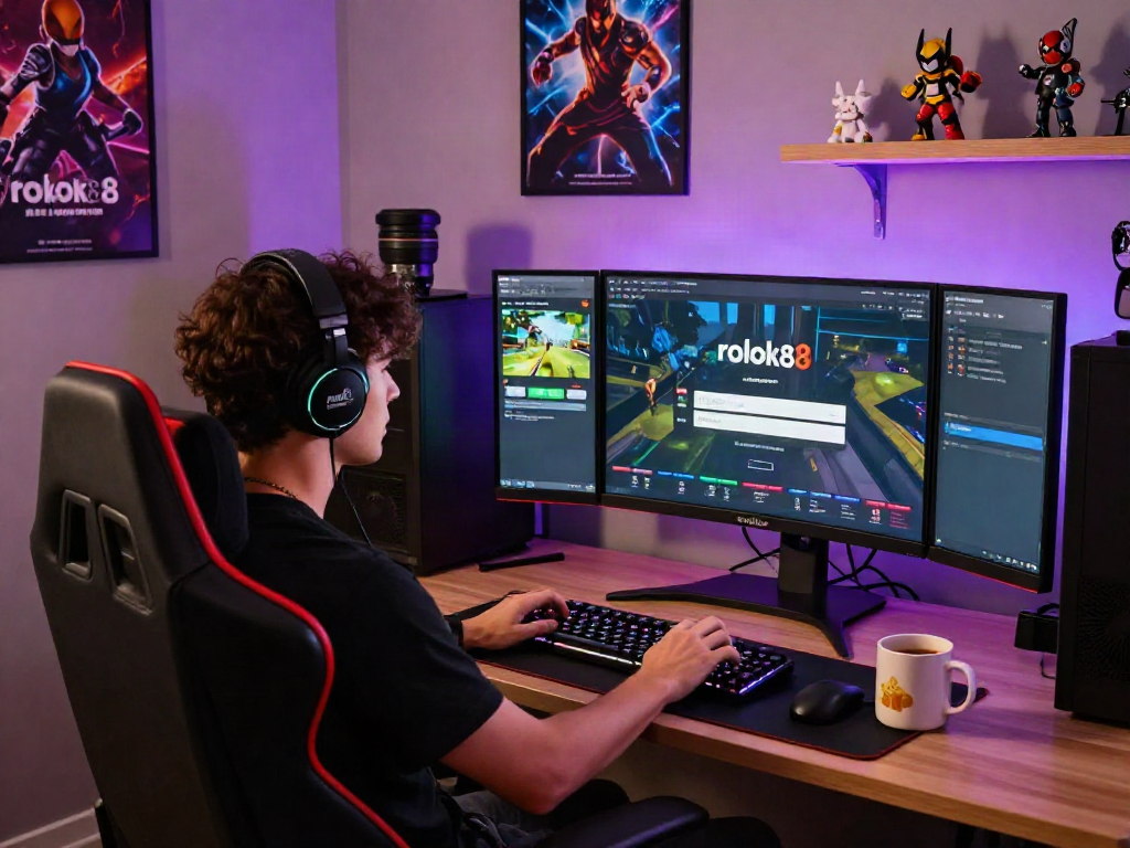 Engaging rokok88 login scene in a vibrant gaming setup, user interacting with login interface on a large monitor.