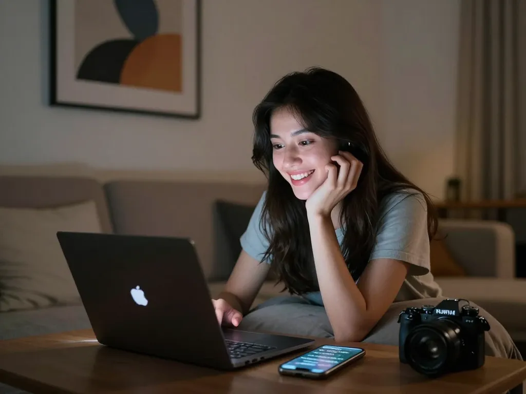 Engaging in NSFW chat on a laptop in a cozy modern setting.