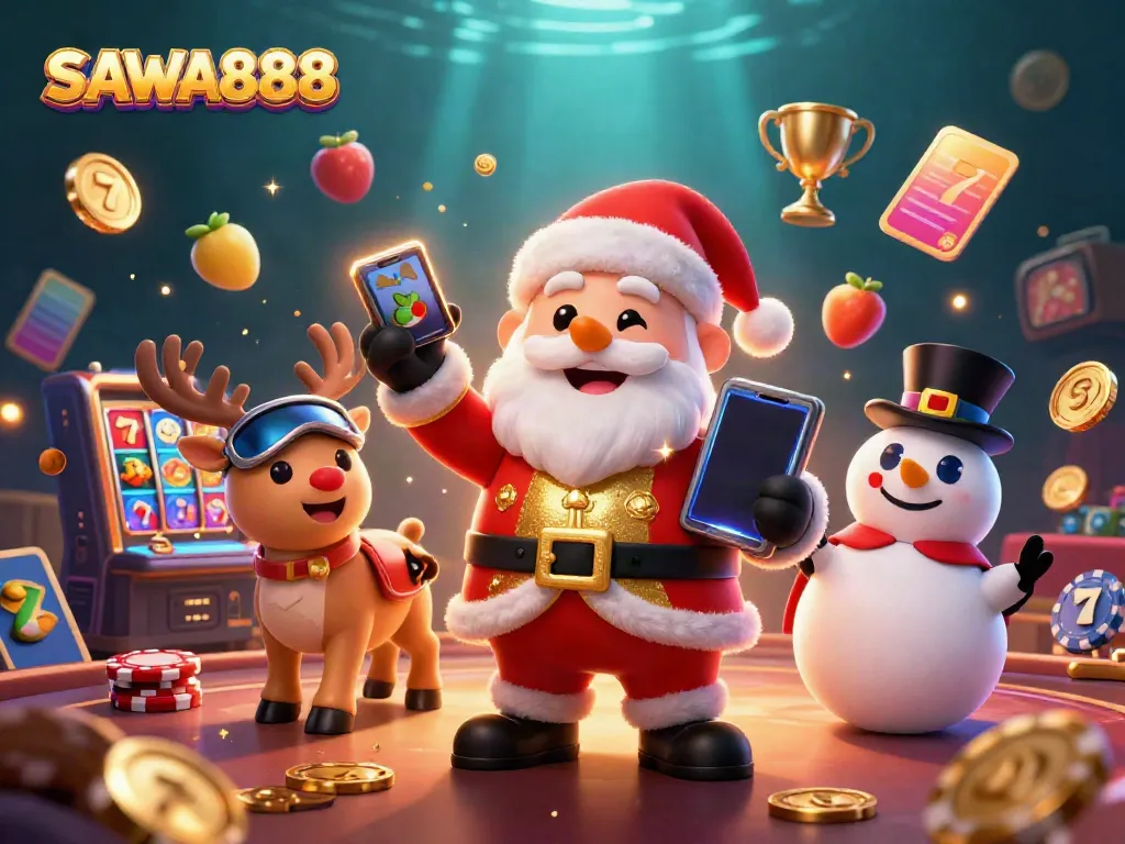 Experience the excitement at SAWA888 with Santa and friends in a vibrant casino scene featuring jackpot slots and festive elements.