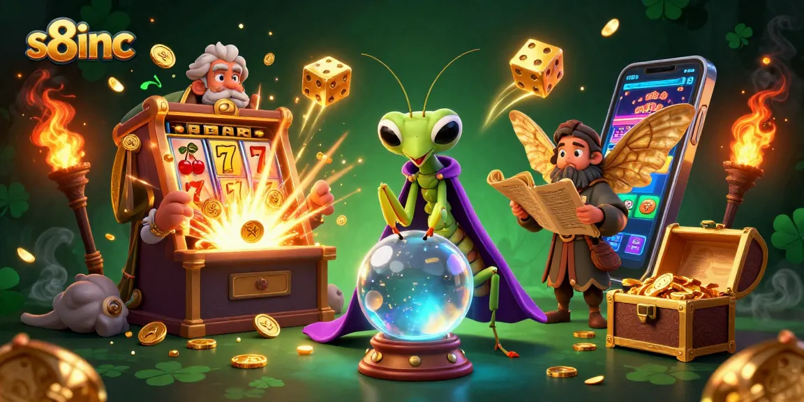 S8inc players winning big on slots with a vibrant scene of fortune tellers, coins, and casino elements.