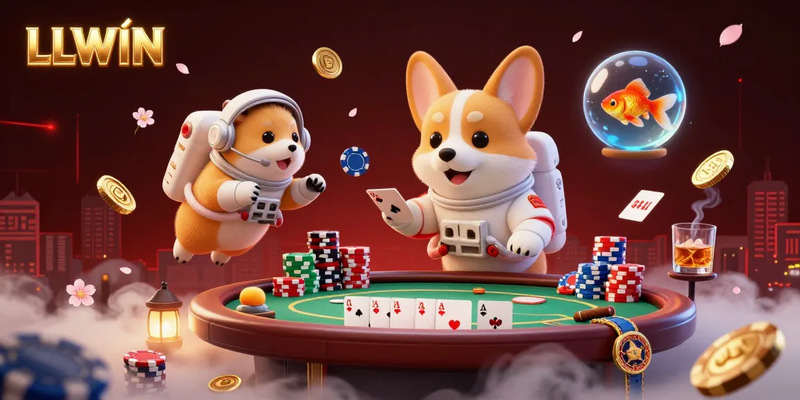 LLWIN stands out with its floating corgi astronaut in a vibrant casino scene, full of poker coins.