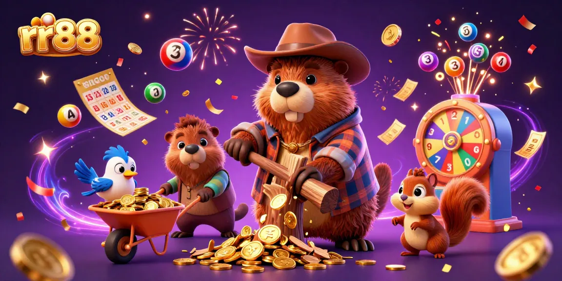 Join the fun at rr88 with a lively scene of the cartoon beaver and friends collecting coins from a shower of golden riches!