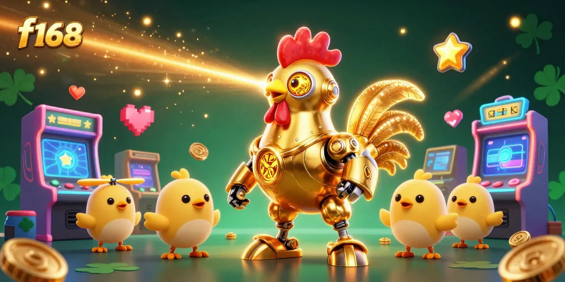 Experience thrilling gameplay with f168's vibrant 3D casino illustration featuring a golden rooster robot and baby chick drones.