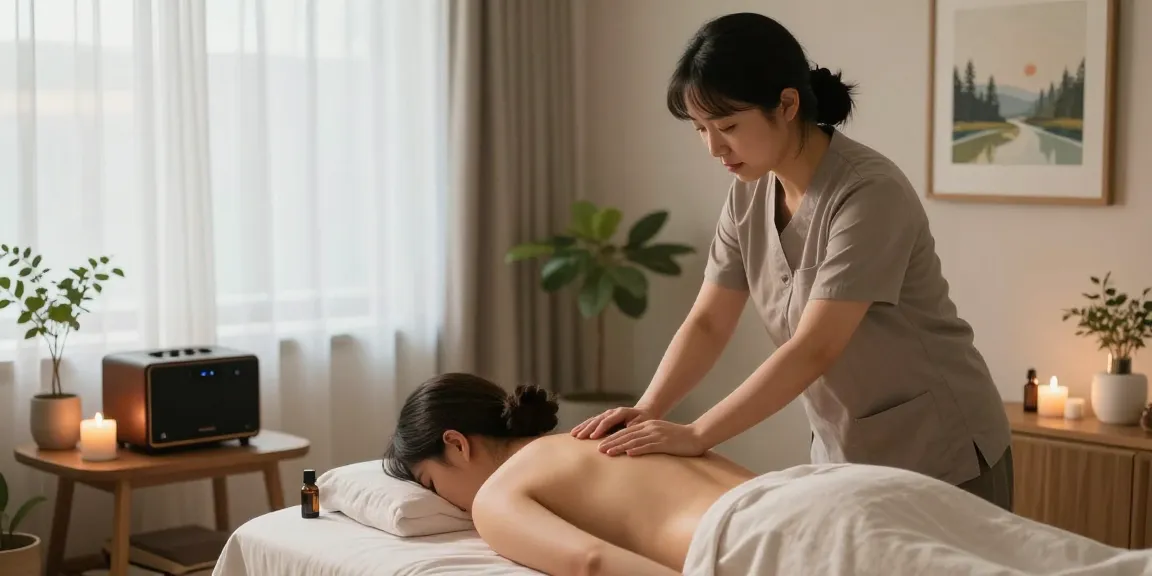 Relaxing 동탄출장마사지 therapy session with calming ambiance, soothing therapist, and essential oils.