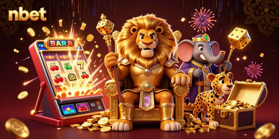 Experience nbet's thrilling atmosphere with a lion king, jackpot slots, and vibrant casino elements.