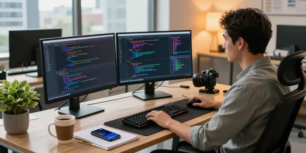 Desarrollador de software concentrado en su oficina moderna, trabajando en phuwerte-inwersowia.com en múltiples pantallas con códigos vibrantes.