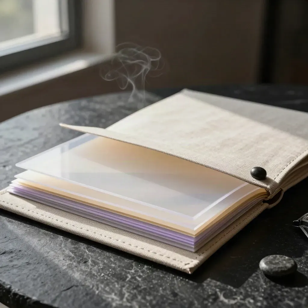 Carpeta premium de auditoría abierta sobre piedra negra junto a una ventana, con láminas translúcidas.
