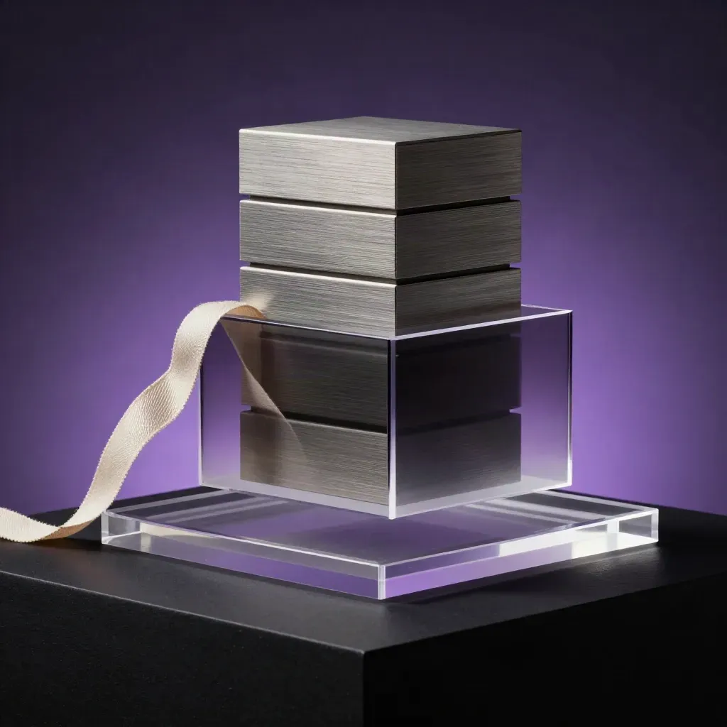 Kit de lanzamiento premium flotando sobre base negra con luz violeta y cajas modulares.