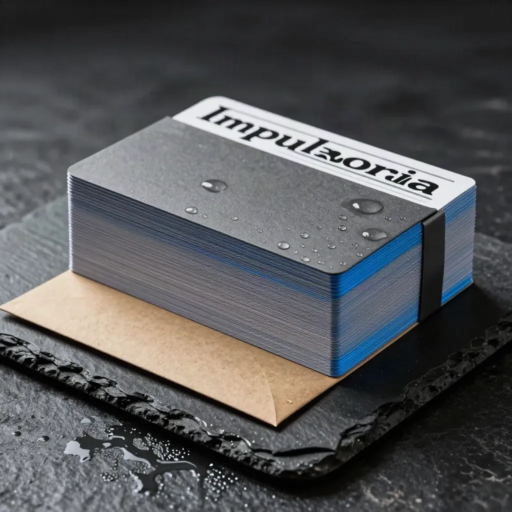 Pack de captación sobre piedra húmeda, con tarjetas lisas y sobre kraft, en luz rasante.