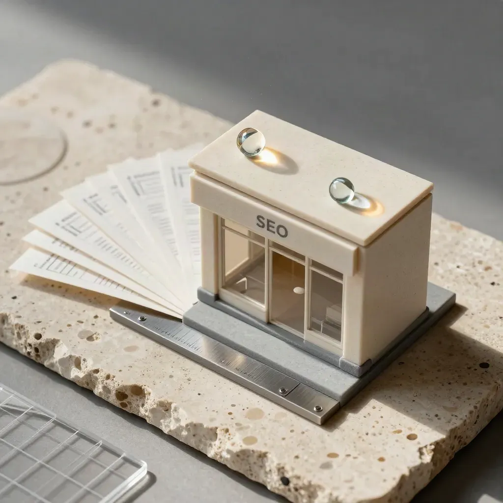 Maqueta de SEO local con fachada travertino, fichas y marcadores de vidrio sobre piedra