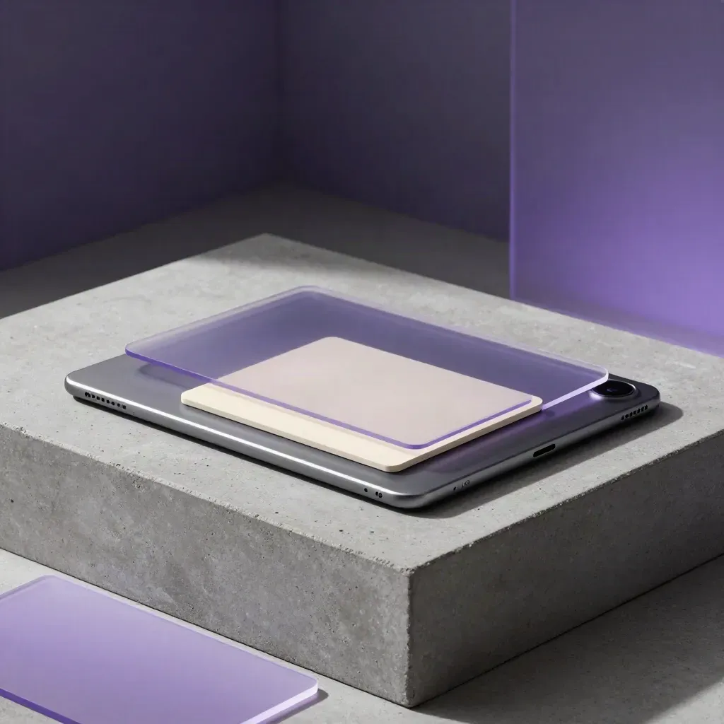 Pack Ads Meta con tablet apagada, tarjetas lisas y acrílicos violeta sobre concreto.