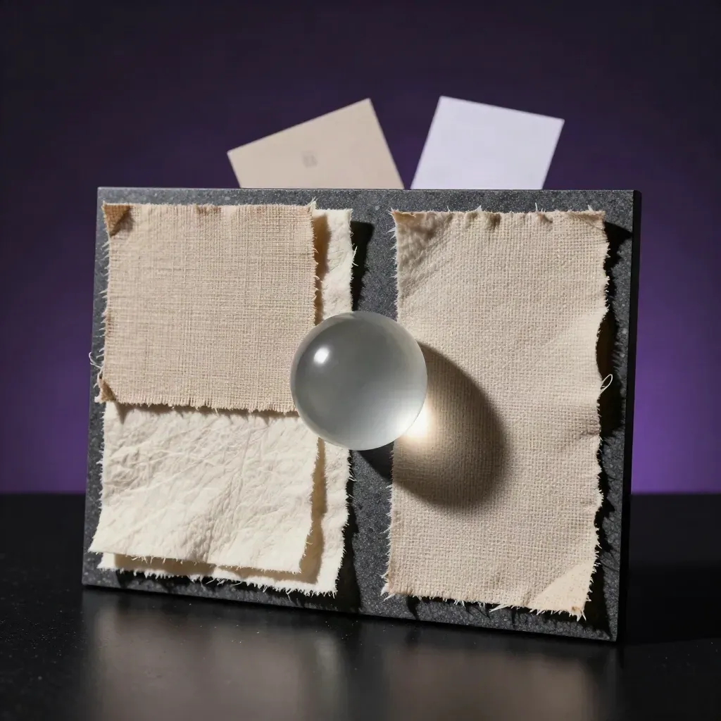 Mapa de marca con muestras de tejido, papel algodón y esfera de vidrio sobre fondo oscuro.