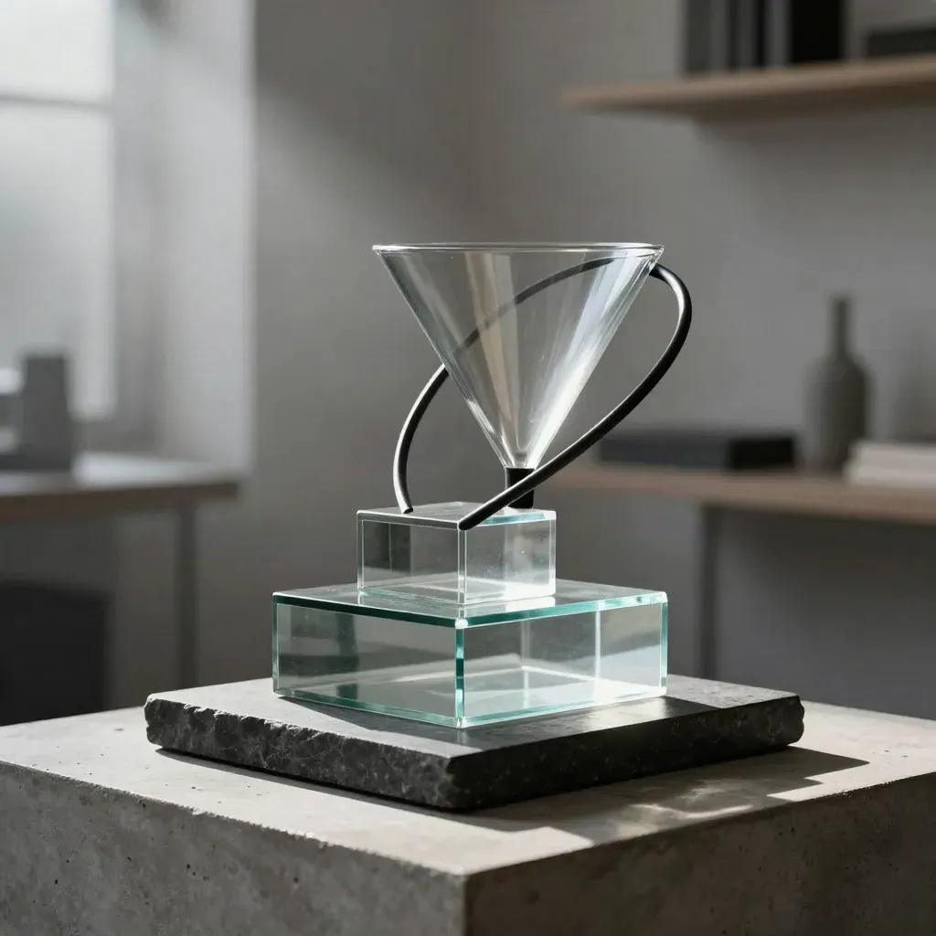 Escultura de embudo analítico con vidrio, metal negro y piedra oscura en un estudio moderno.