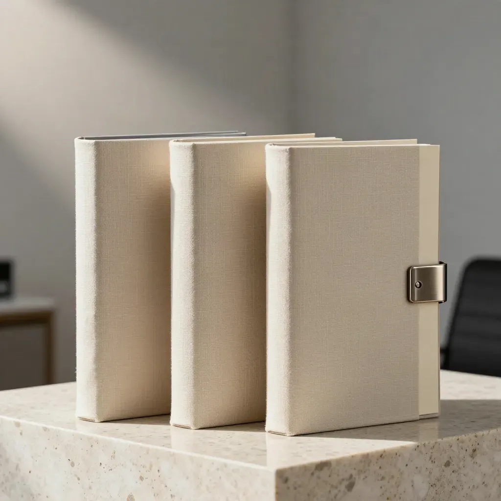 Tres dossiers premium con funda de lino sobre travertino, en una escena de consultoría.