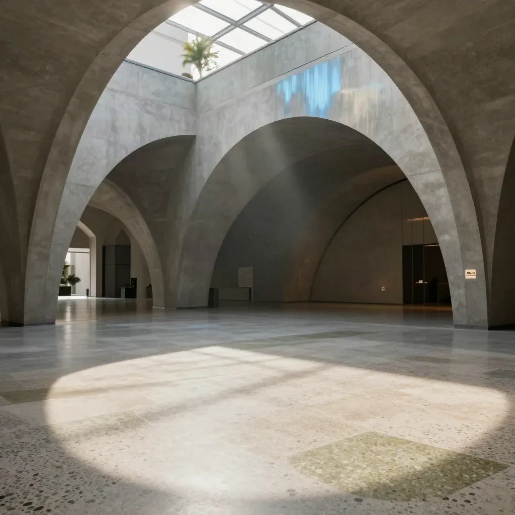 Atrio moderno con arcos de hormigón, suelo de terrazo y luz de lucernario suave.