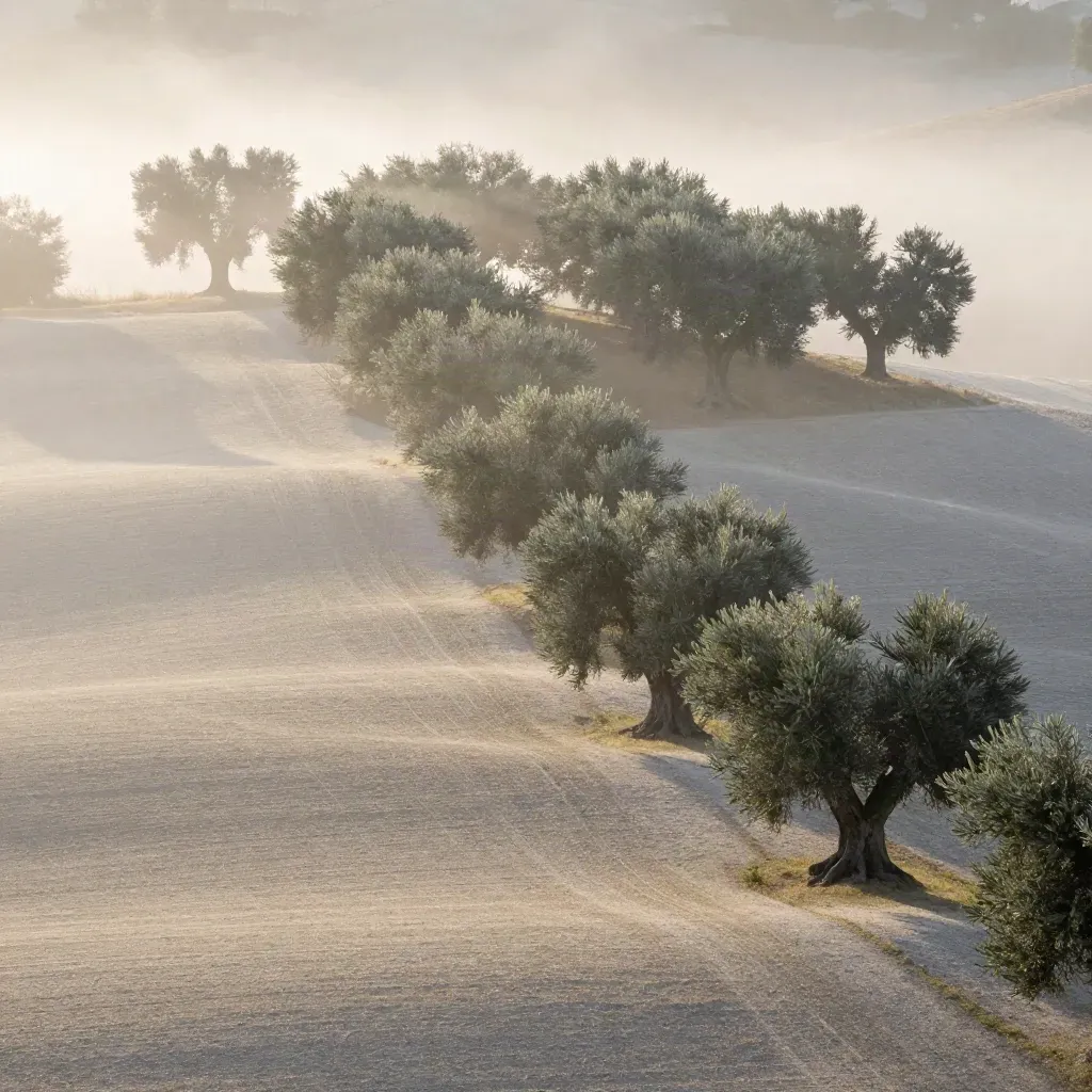 Huerto de olivos en ladera con sendero vacío y niebla rasante al amanecer.