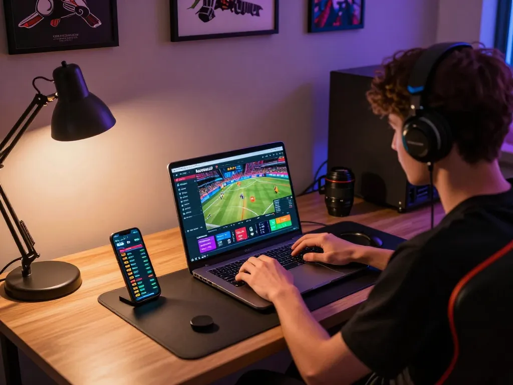 Gamer analyzing odds on keonhacai5 platform using a laptop in a cozy home office.