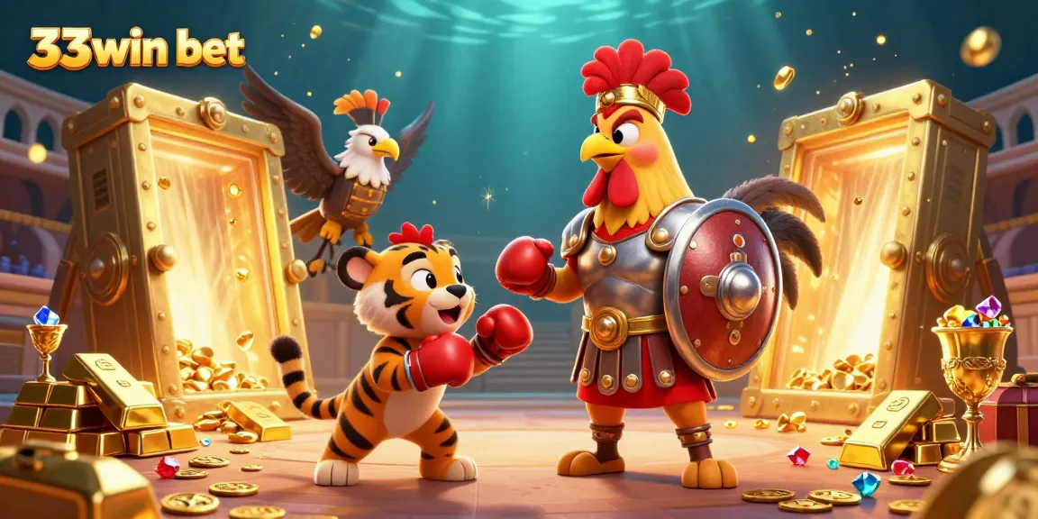 Engage in excitement with 33win bet while witnessing a dynamic 3D gladiator rooster scene filled with gold and gems.