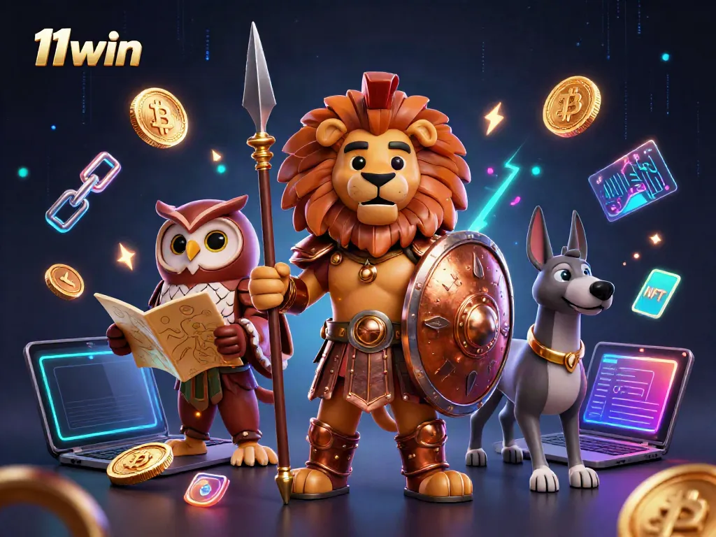 Engage in thrilling gambling with 11win featuring Spartan lion, owl strategist, and greyhound messenger amidst dynamic crypto elements.
