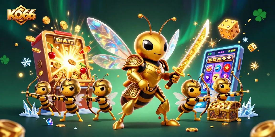 Engage in thrilling gaming with KO66's vibrant casino illustration showcasing exciting features and characters.