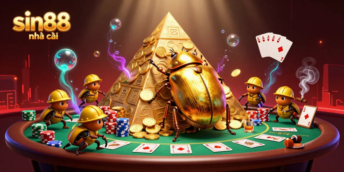 Engage with sin88 nhà cái through a vibrant 3D illustration depicting a massive dung beetle rolling golden coins.