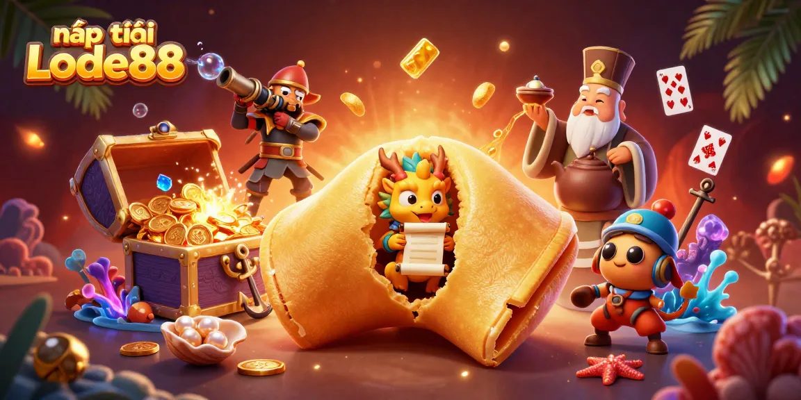 Engage in nạp tiền Lode88 with a vibrant illustration of fortune cookies, dragons, and treasures.