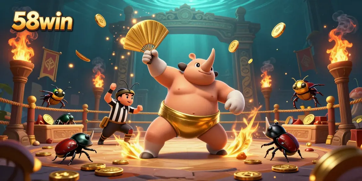 Engage with 58win's thrilling casino action featuring a sumo beetle champion amid golden coins and vibrant visuals.