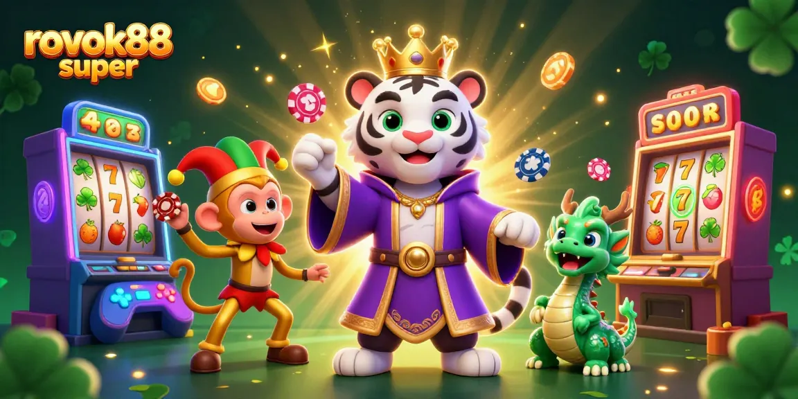Experience the thrill of rokok88 super gaming with an animated white tiger, playful monkey, and casino excitement.
