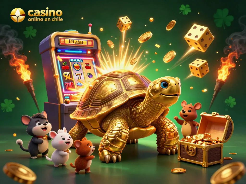 Descubre el entretenido casino online en Chile con tragamonedas y una tortuga dorada como máquina de pinball.