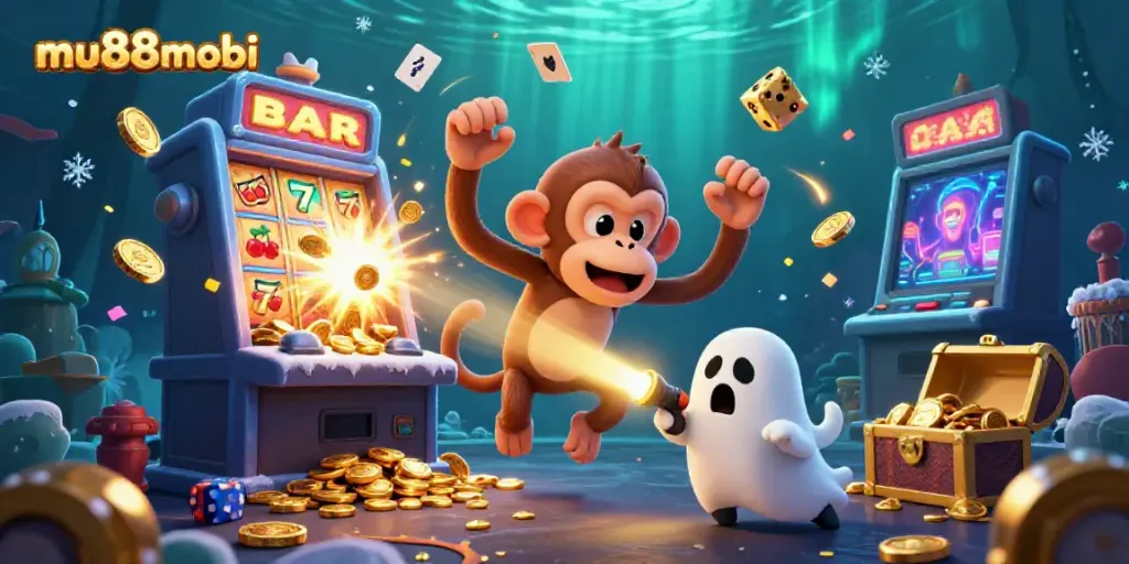 Engaging mu88mobi casino scene with a mischievous monkey and a ghost-hunter puppy amidst jackpots and vibrant elements.
