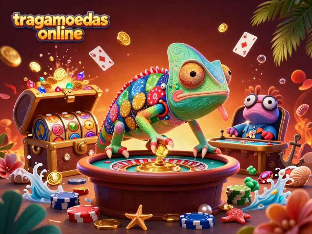 Gana jugando tragamonedas online con coloridos símbolos y un calamar camaleón disfrazado de dueño de casino.