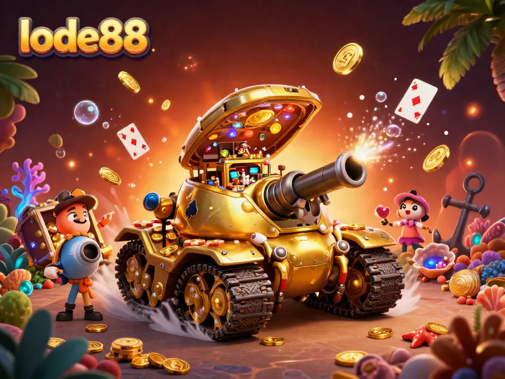 Experience the exciting gameplay at lode88 with vibrant scenes of a dynamic casino tank bursting with color and prosperity.