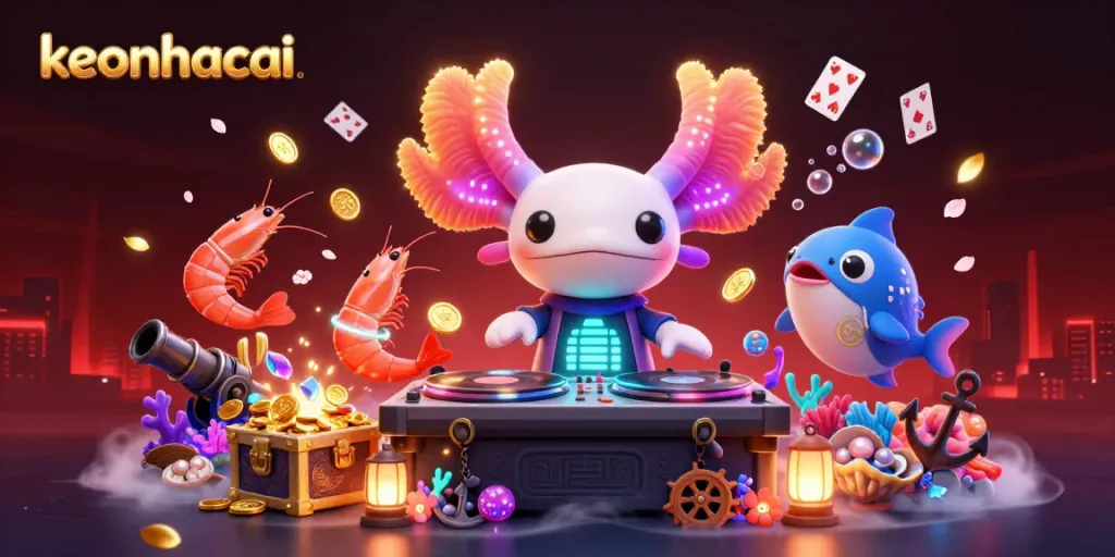 Experience the excitement of keonhacai with vibrant underwater scenes showcasing an axolotl DJ and characters celebrating at a casino.