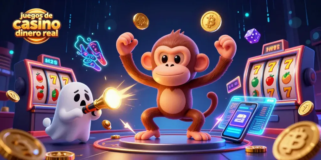 Juegos de casino dinero real en una ilustración 3D con un mono poltergeist y un cachorro cazador.