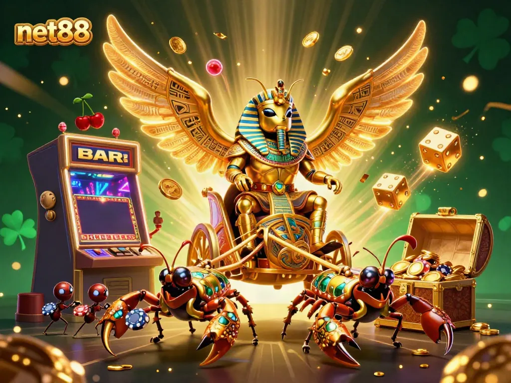 Experience the thrill of net88 with a dynamic scene of golden characters amid casino excitement and rich treasures.