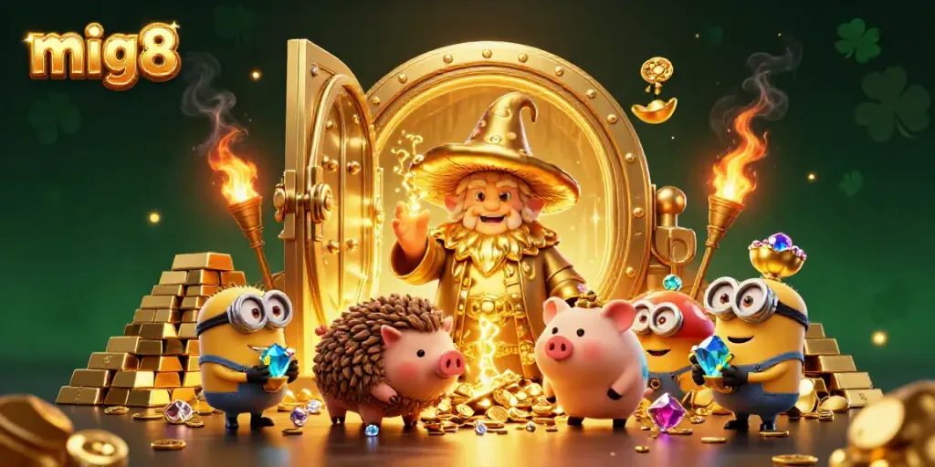 Mig8 showcases a magical golden mushroom wizard conjuring treasures in a vibrant casino scene.