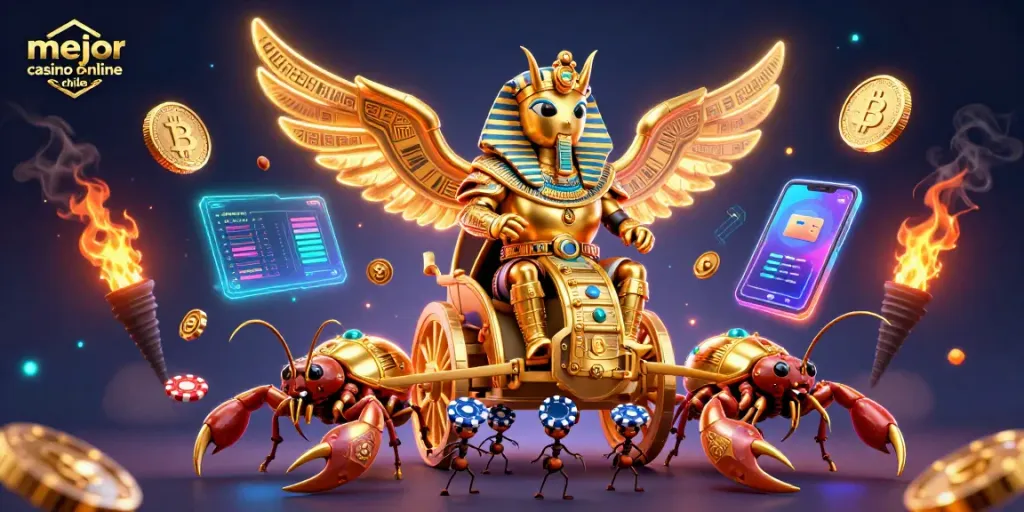 Descubre el mejor casino online Chile con una ilustración vibrante de un escarabajo dorado y escorpiones, símbolos de juego y criptomonedas.