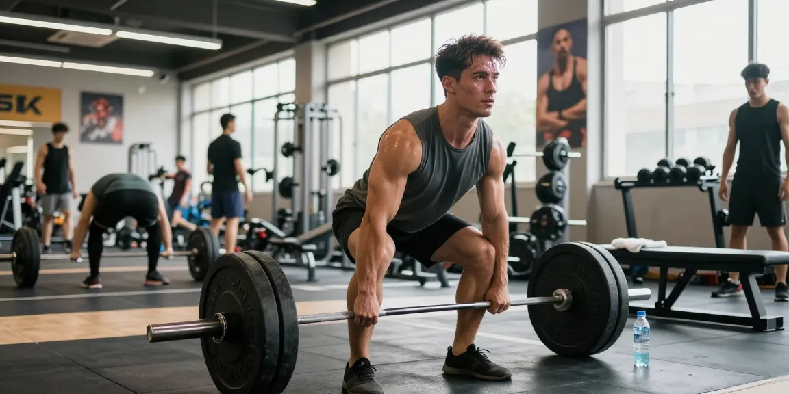 Culturista en el gimnasio Esteroidesshop realizando peso muerto para mejorar el crecimiento muscular.