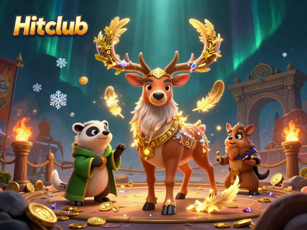 Experience engaging gameplay at Hitclub with a joyful druid stag and a wise badger amidst a vibrant casino backdrop.