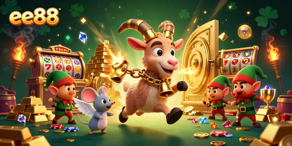 Delight in ee88's vibrant casino scene with Krampus, an angel mouse, and mischievous gremlins amidst slot reels and treasures.