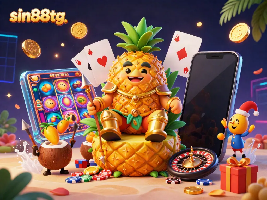 Experience thrilling slots action at sin88tg with a vibrant 3D casino scene featuring a golden pineapple king.
