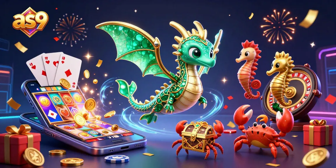 Experience slot gaming excitement with as9's vibrant 3D dragon-themed illustration, showcasing dynamic casino elements.