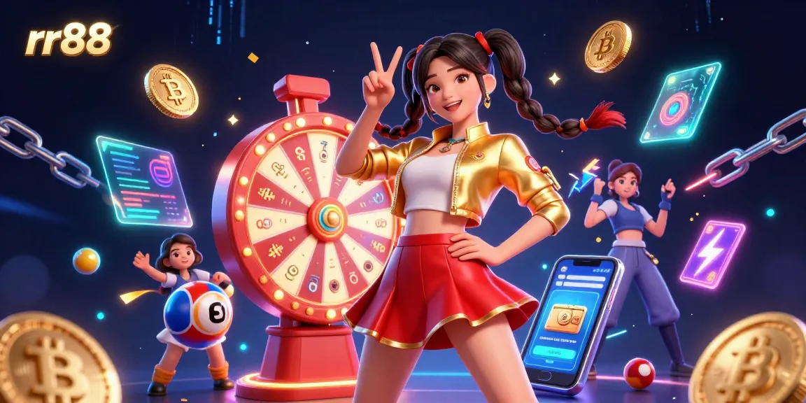 Experience dynamic betting action with rr88, featuring a joyful player amidst colorful lottery elements and modern cryptocurrency.