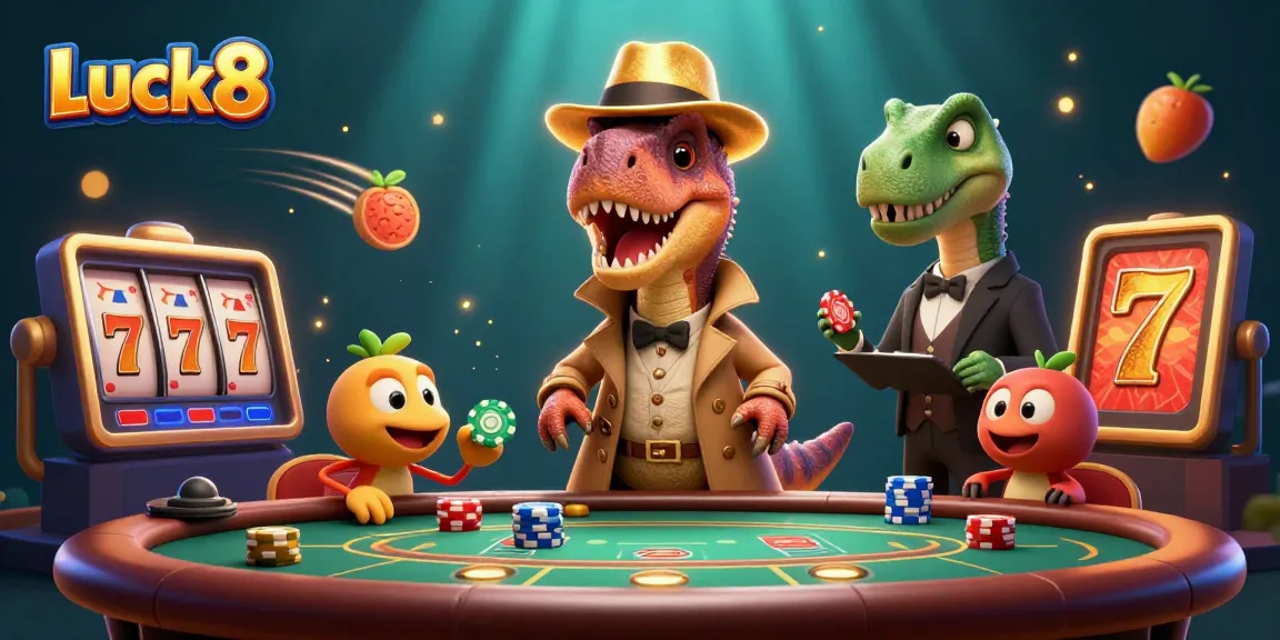Experience thrilling action at Luck8 with a cartoon velociraptor, stegosaurus pit boss, and compy in an exciting jackpot scene.