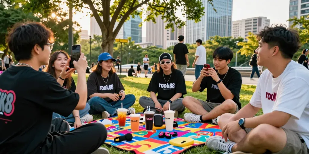 Young adults wearing rokok88 merchandise enjoy a lively outdoor gathering in a trendy urban park.