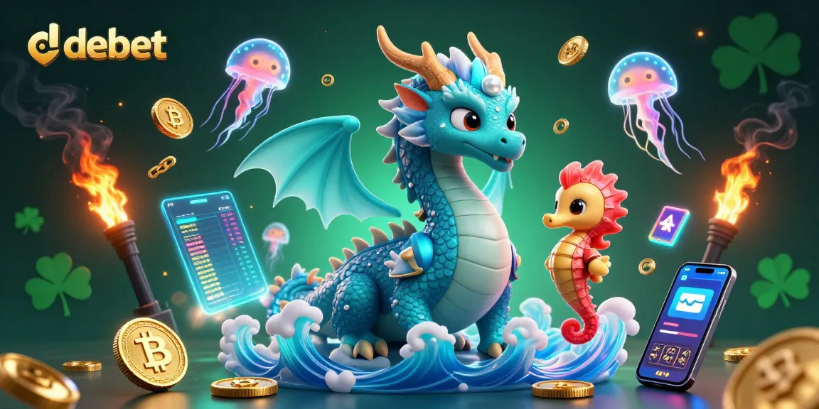 Engage in debet gaming, showcasing a vivid 3D dragon and seahorse amidst crypto coins and vibrant casino elements.