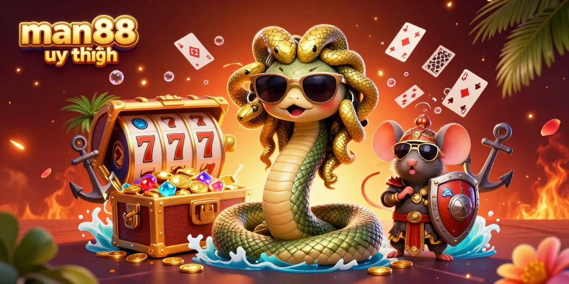 Play casino games with man88 uy tín in a vibrant 3D illustration full of gold coins and playing cards.